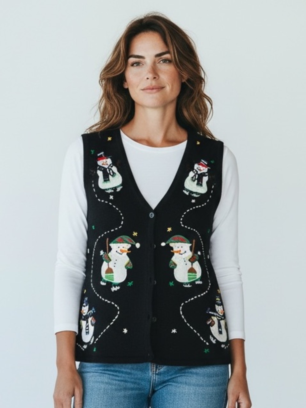 Vintage Bobbie Brooks Black Holiday Snowman Button-Up Knit Vest